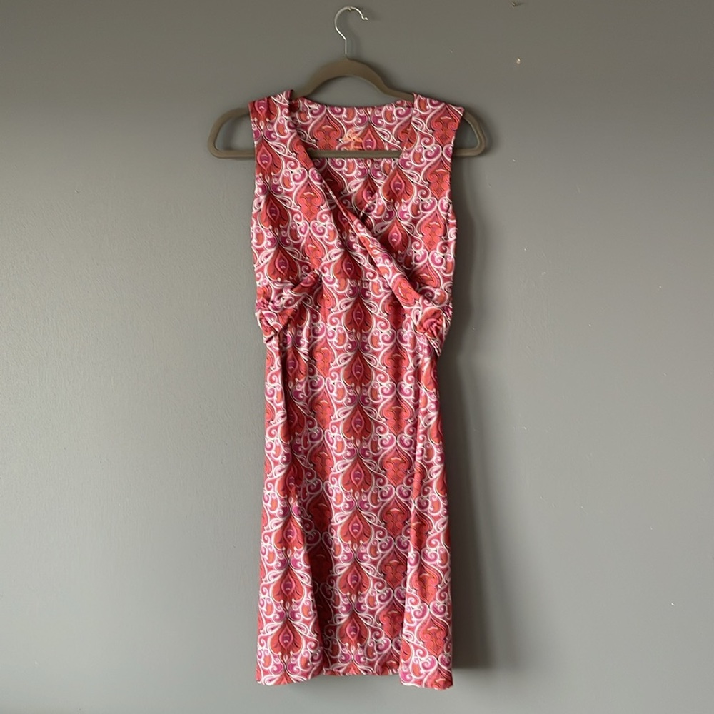 Prana Cece Faux Wrap Dress Boho Travel friendly Indian Print Twist Sash Medium - Picture 2 of 8